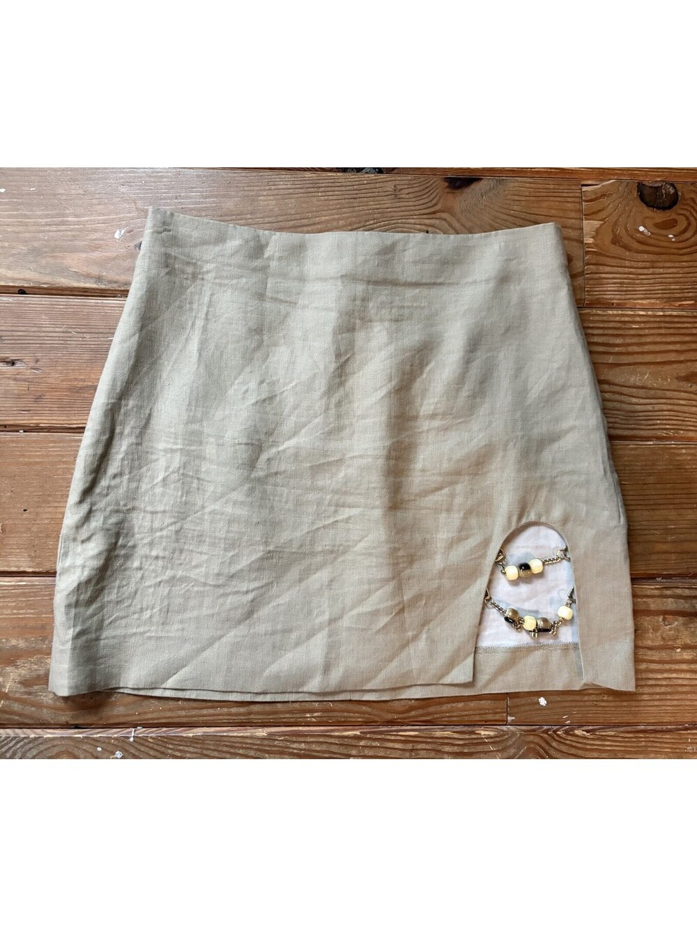 Zara 100% Linen Beige Mini Skirt Beaded Cutout Detail Size L